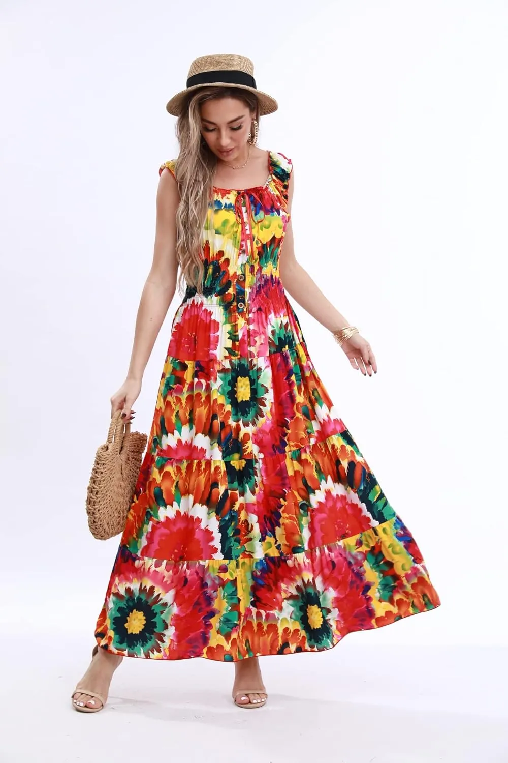 OSTOO Women's 2024 Summer Sleeve Boho Floral Print Casual Loose Flowy Maxi Dress