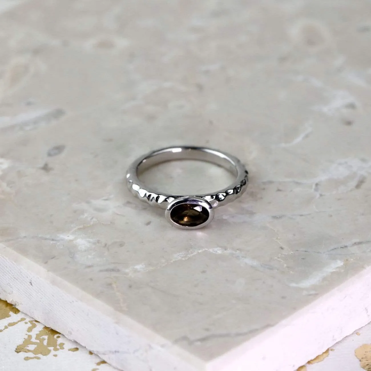 Oval Smoky Quartz Textured Stacking Ring