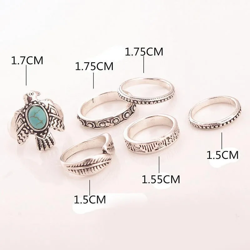 Phoenix & Feather Six Piece Stacking Rings Set Turquoise and Silver Tone Eagle Thunderbird Tribal Thumb And Midi Rings