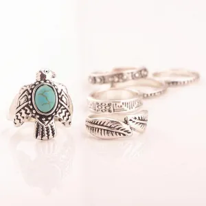 Phoenix & Feather Six Piece Stacking Rings Set Turquoise and Silver Tone Eagle Thunderbird Tribal Thumb And Midi Rings
