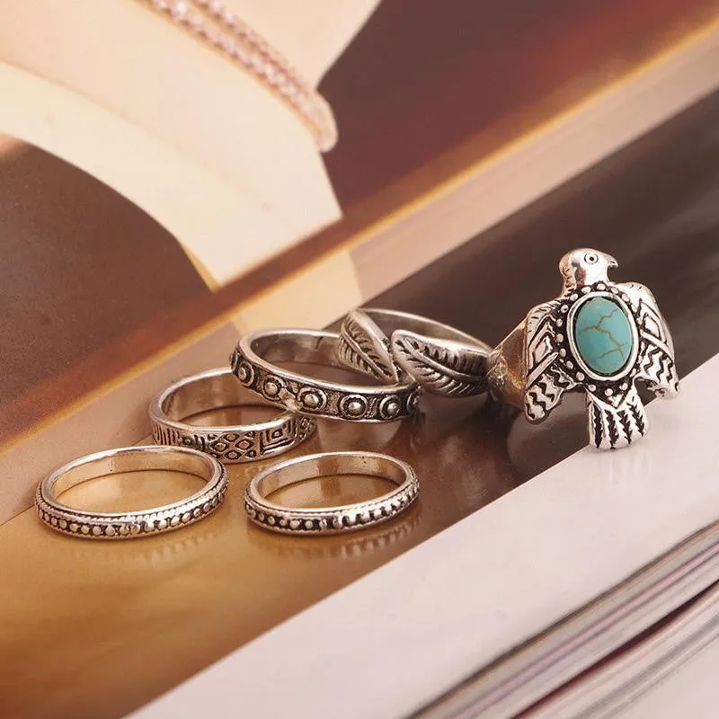 Phoenix & Feather Six Piece Stacking Rings Set Turquoise and Silver Tone Eagle Thunderbird Tribal Thumb And Midi Rings