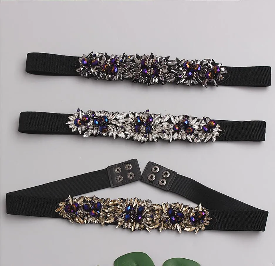 Retro fashion crystal rhinestone inlay elastic elastic belt thin girdle belt