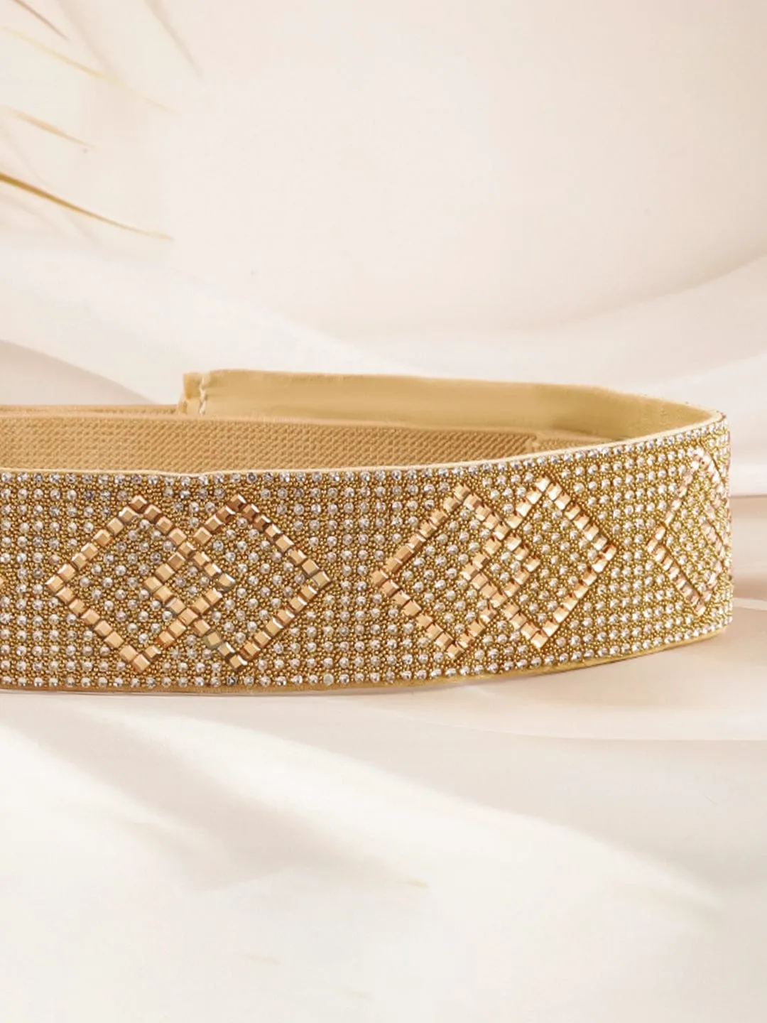 Rubans Gold-Toned Crystal Zirconia Studded Geometric Design Adjustable Waist Belt