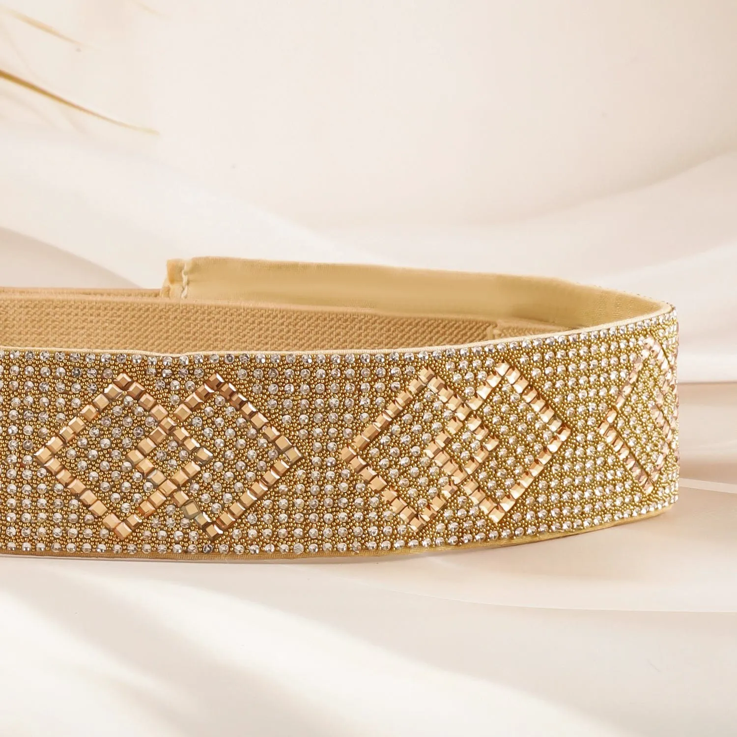 Rubans Gold-Toned Crystal Zirconia Studded Geometric Design Adjustable Waist Belt