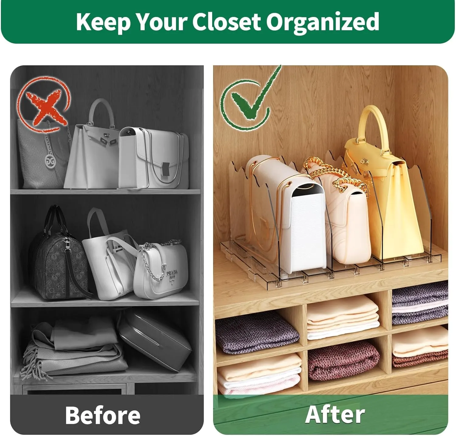 SPACEKEEPER Adjustable Shelf Divider for Closet, Clear Purse Organizers for Closet Acrylic Handbag Separators Storage Organizer Bookshelf Separator Dividers in Bedroom, Office