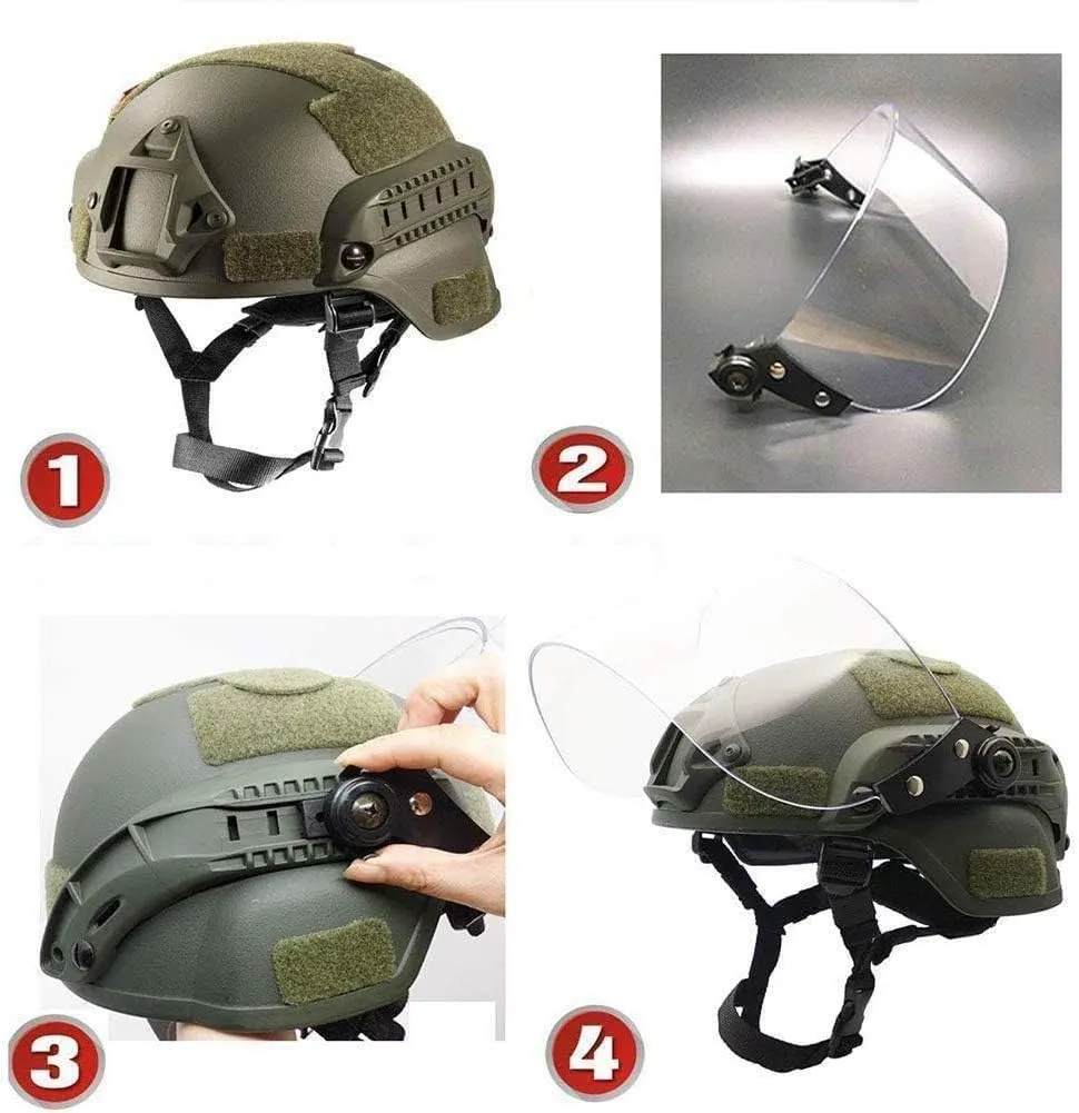 Tactical Multifunctional Fast Airsoft MICH 2000 ACH Helmet with Transparent Visor NVG Bracket and Side Rails for Outdoor Sports Such As CS Games