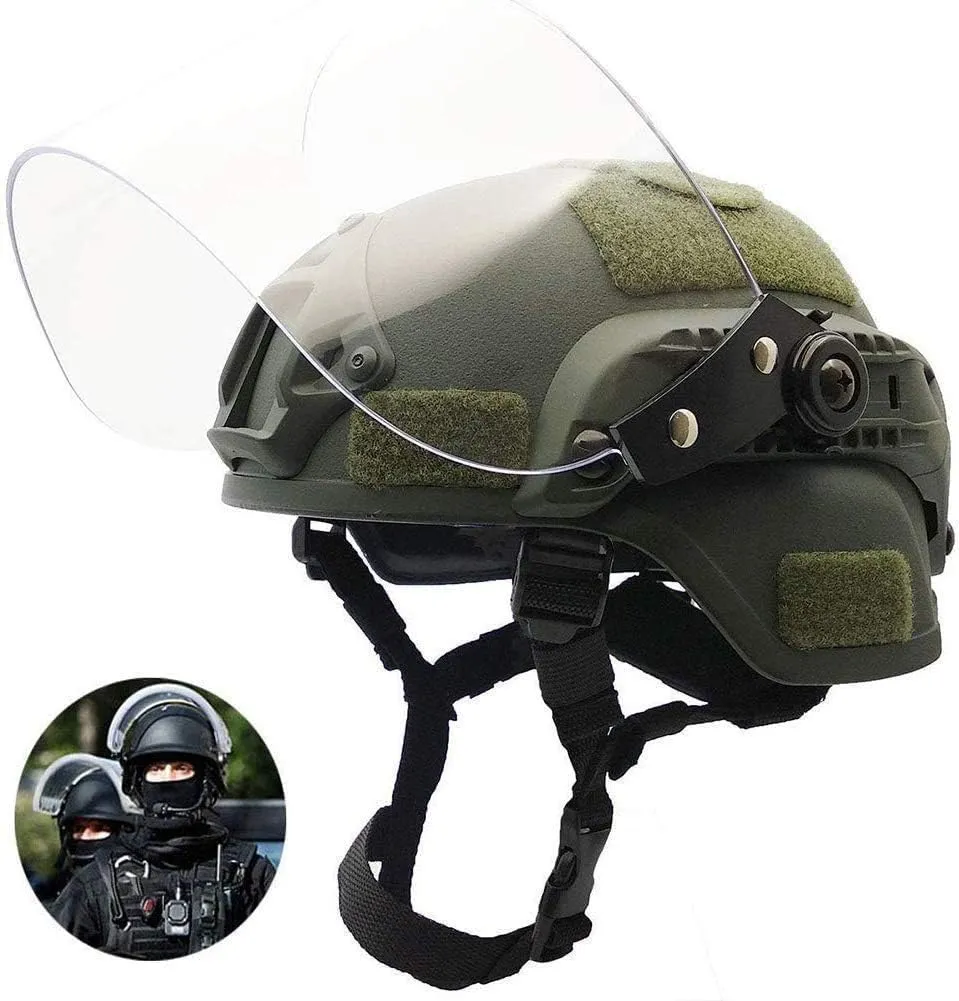Tactical Multifunctional Fast Airsoft MICH 2000 ACH Helmet with Transparent Visor NVG Bracket and Side Rails for Outdoor Sports Such As CS Games