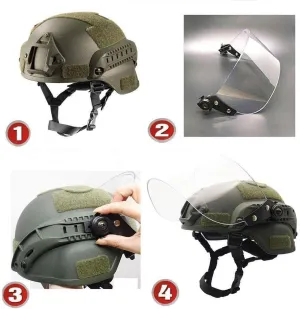 Tactical Multifunctional Fast Airsoft MICH 2000 ACH Helmet with Transparent Visor NVG Bracket and Side Rails for Outdoor Sports Such As CS Games