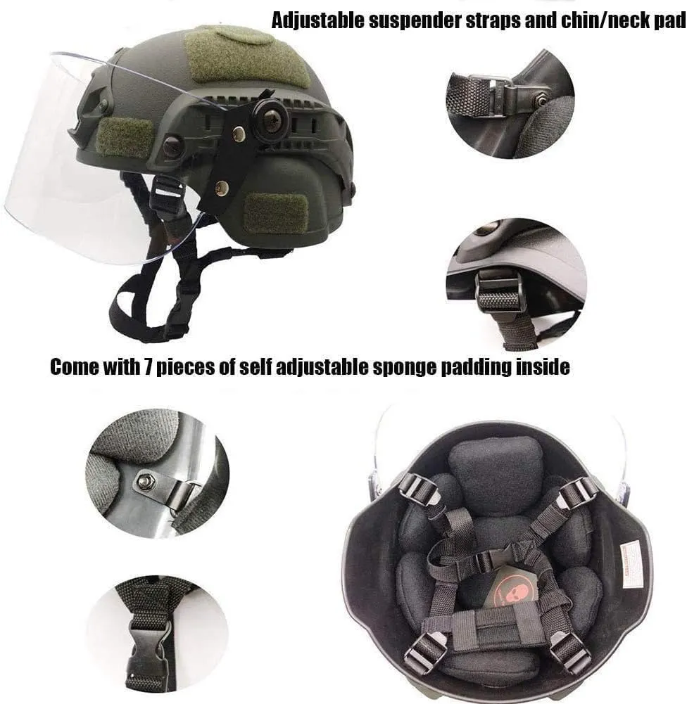 Tactical Multifunctional Fast Airsoft MICH 2000 ACH Helmet with Transparent Visor NVG Bracket and Side Rails for Outdoor Sports Such As CS Games