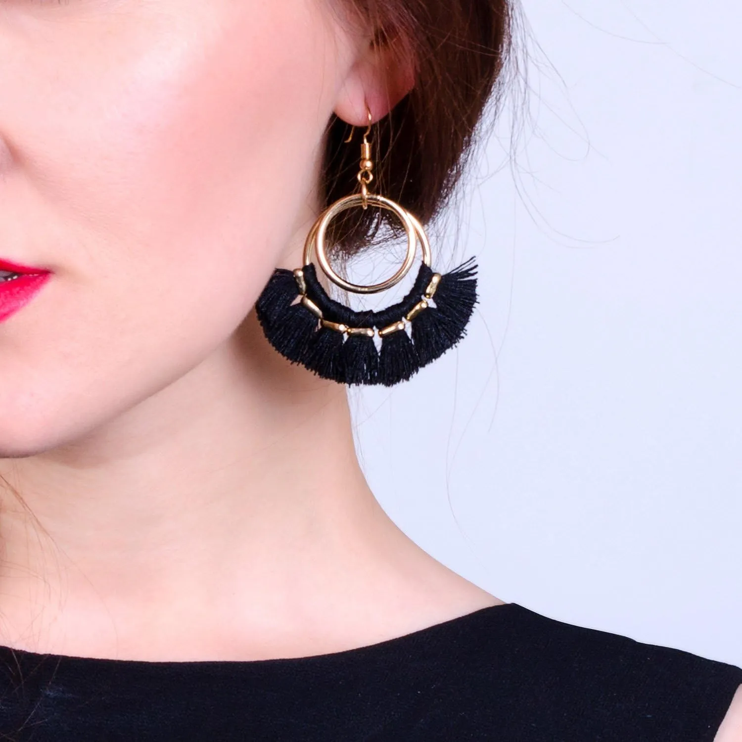 Tassel Hoop Earrings Fringe Drop Gold Tone Circle Tiered Earrings for Women