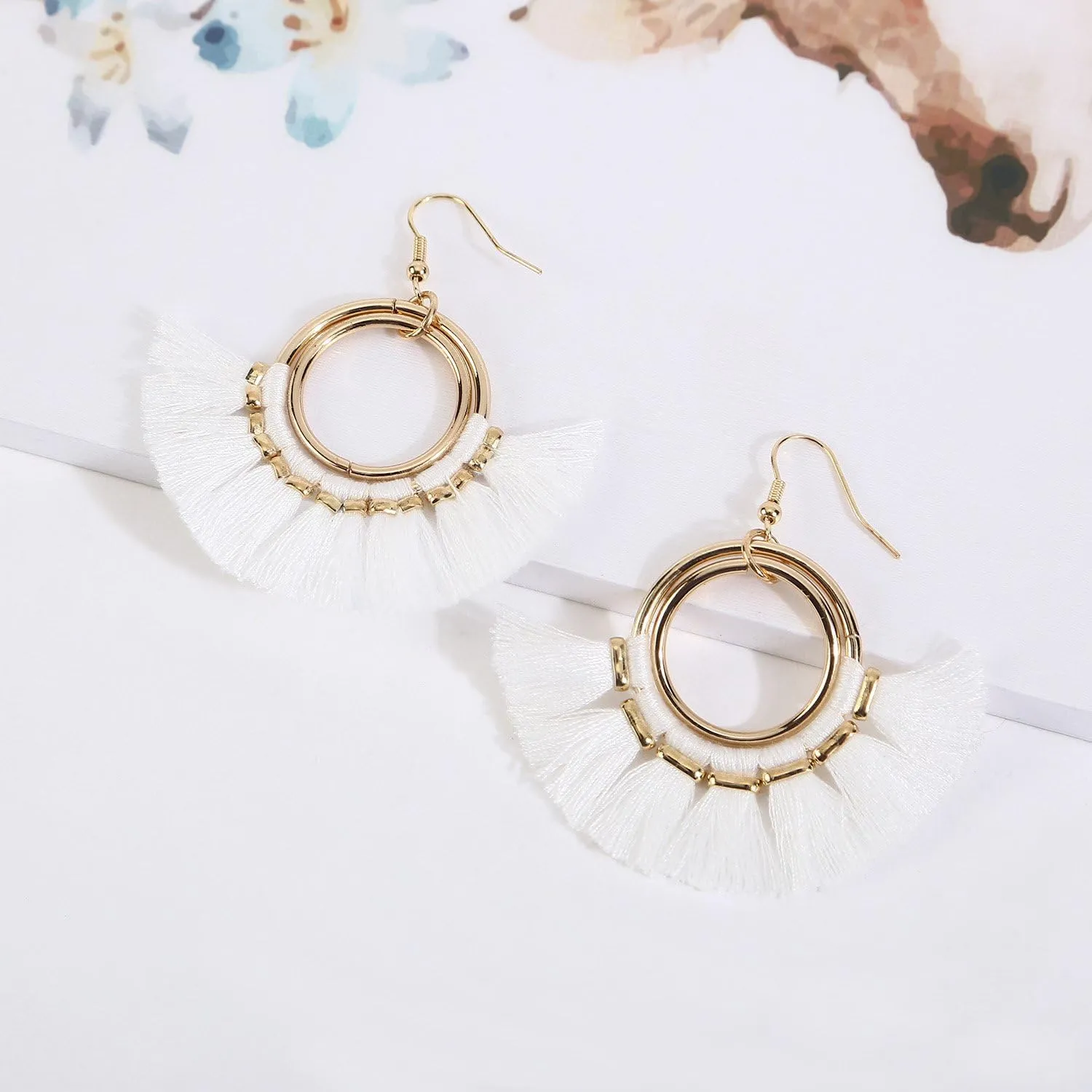 Tassel Hoop Earrings Fringe Drop Gold Tone Circle Tiered Earrings for Women