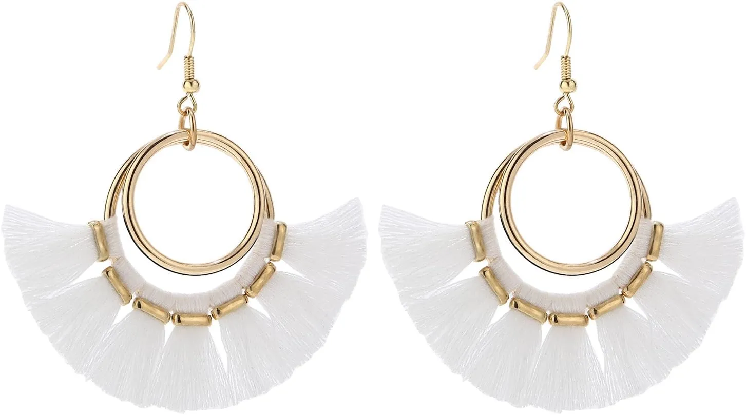 Tassel Hoop Earrings Fringe Drop Gold Tone Circle Tiered Earrings for Women