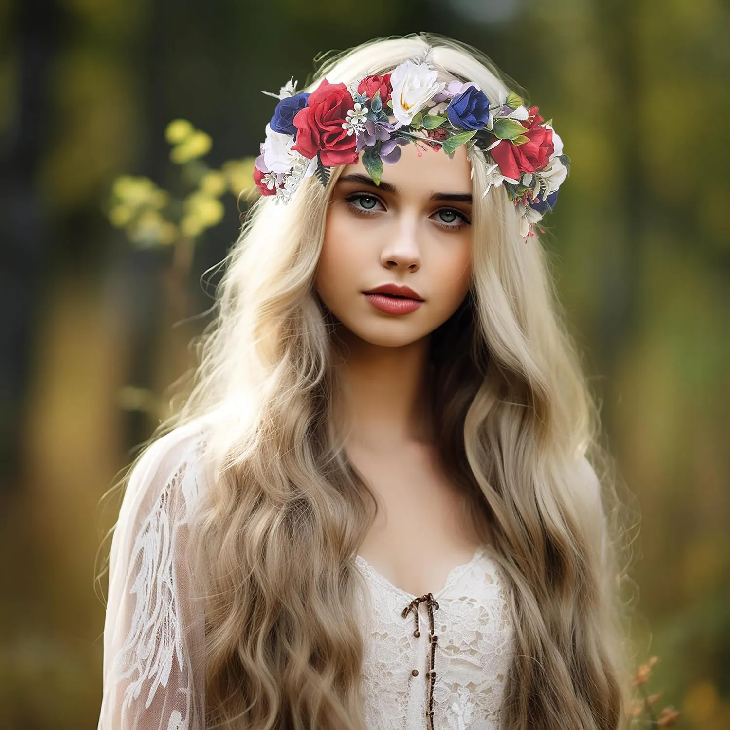 Vivivalue Adjustable Flower Headband Rose Flower Crown Hair Wreath Floral Headpiece Halo Boho with Ribbon Wedding Party Photos