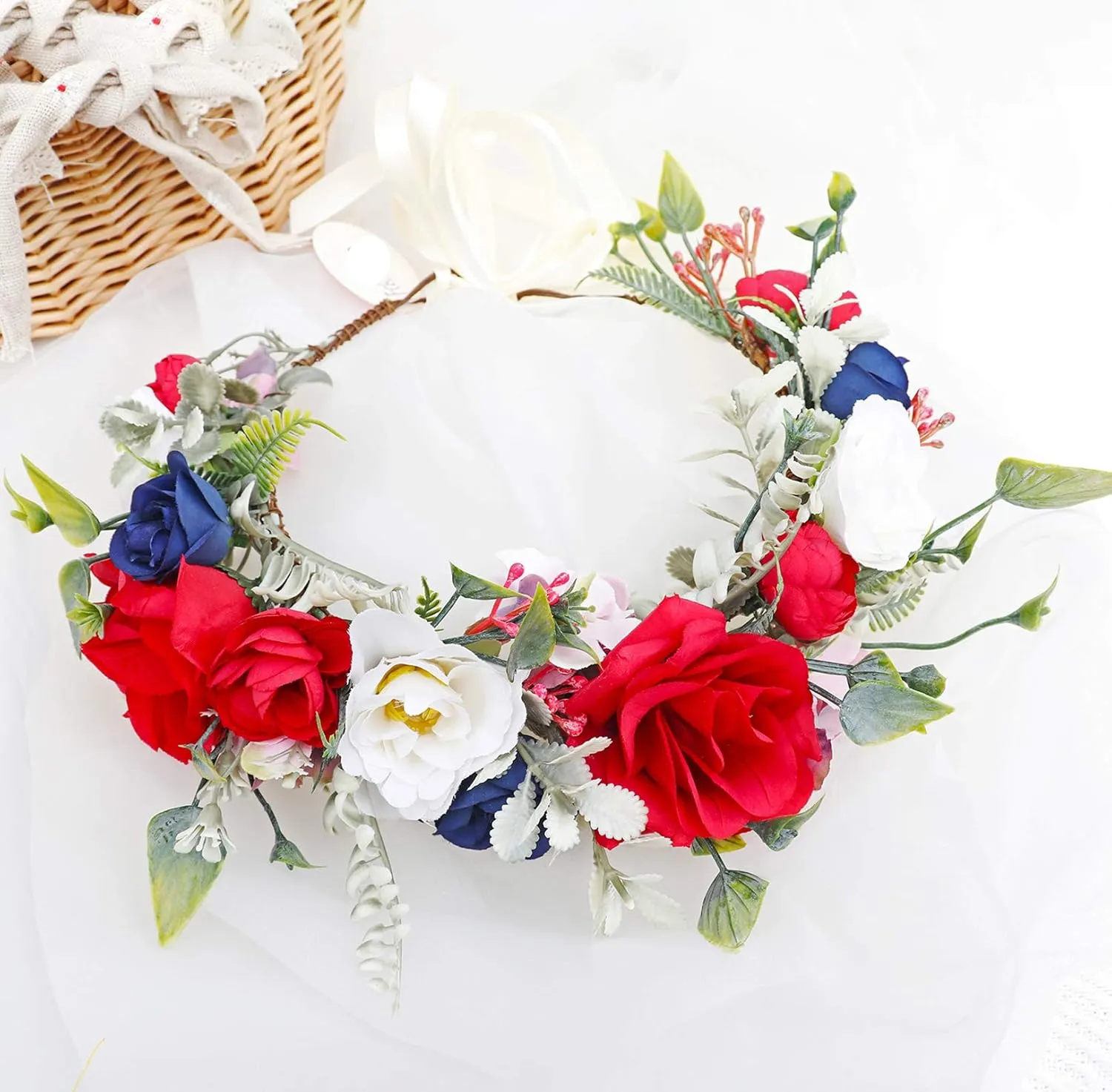 Vivivalue Adjustable Flower Headband Rose Flower Crown Hair Wreath Floral Headpiece Halo Boho with Ribbon Wedding Party Photos