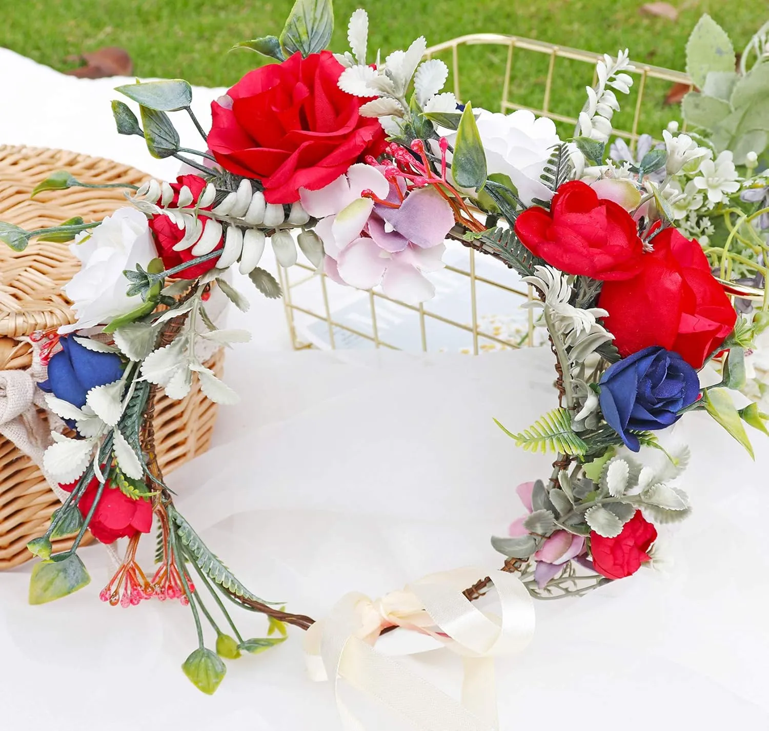 Vivivalue Adjustable Flower Headband Rose Flower Crown Hair Wreath Floral Headpiece Halo Boho with Ribbon Wedding Party Photos