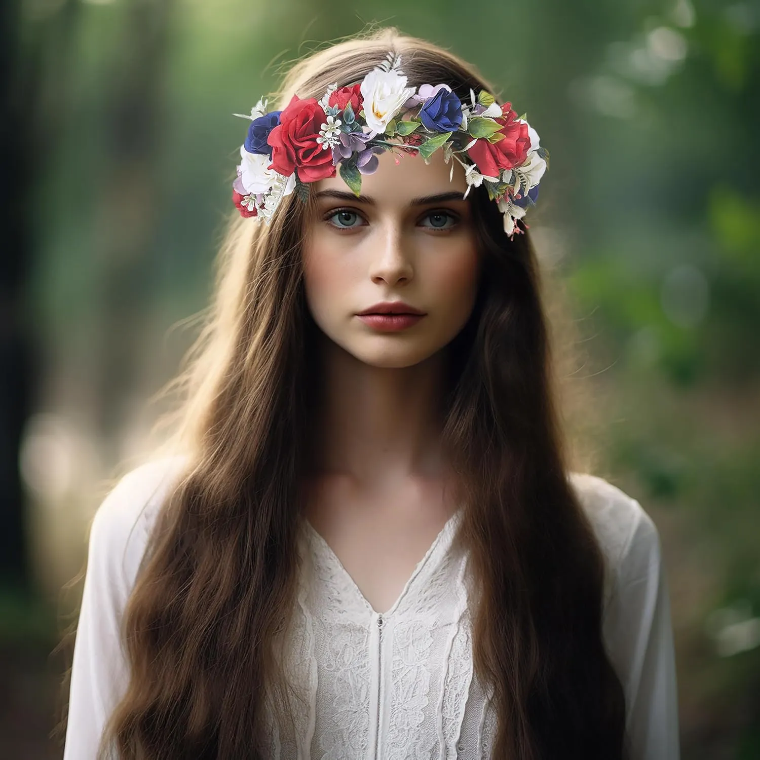 Vivivalue Adjustable Flower Headband Rose Flower Crown Hair Wreath Floral Headpiece Halo Boho with Ribbon Wedding Party Photos