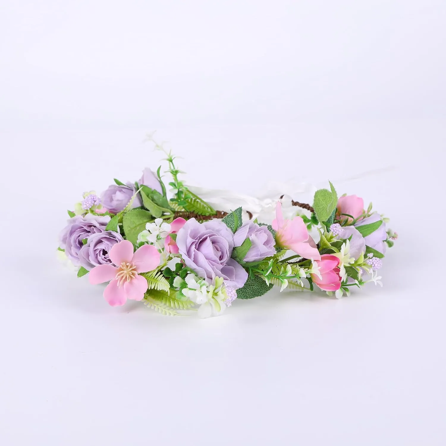 Vivivalue Wedding Floral Crown Women Flower Headband Hair Wreath Floral Headpiece Halo Boho with Ribbon Party Prom Purple