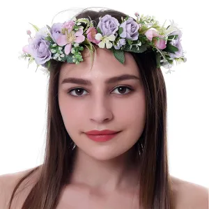 Vivivalue Wedding Floral Crown Women Flower Headband Hair Wreath Floral Headpiece Halo Boho with Ribbon Party Prom Purple