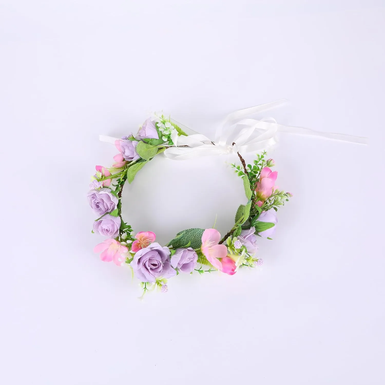 Vivivalue Wedding Floral Crown Women Flower Headband Hair Wreath Floral Headpiece Halo Boho with Ribbon Party Prom Purple