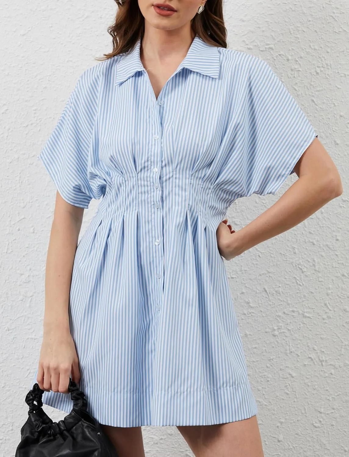 Women Button Down Pleated Shirt Dress Summer Short Sleeve Blouse Striped Print Corset Mini Dresses