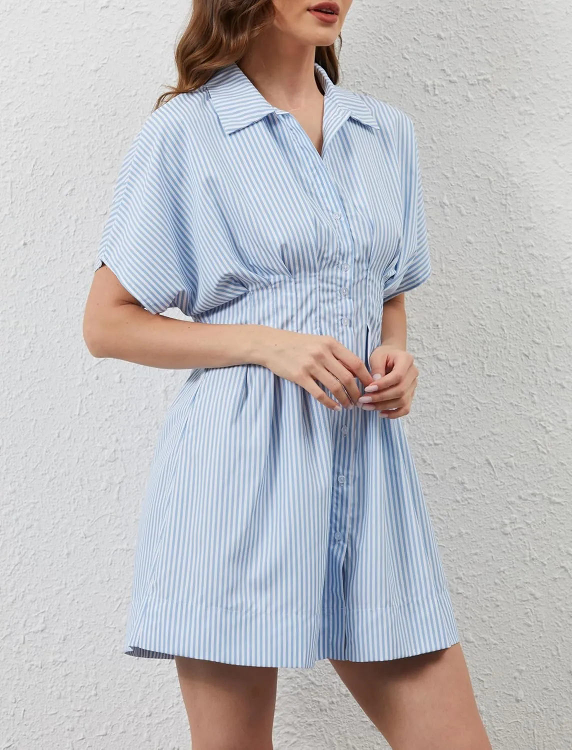 Women Button Down Pleated Shirt Dress Summer Short Sleeve Blouse Striped Print Corset Mini Dresses