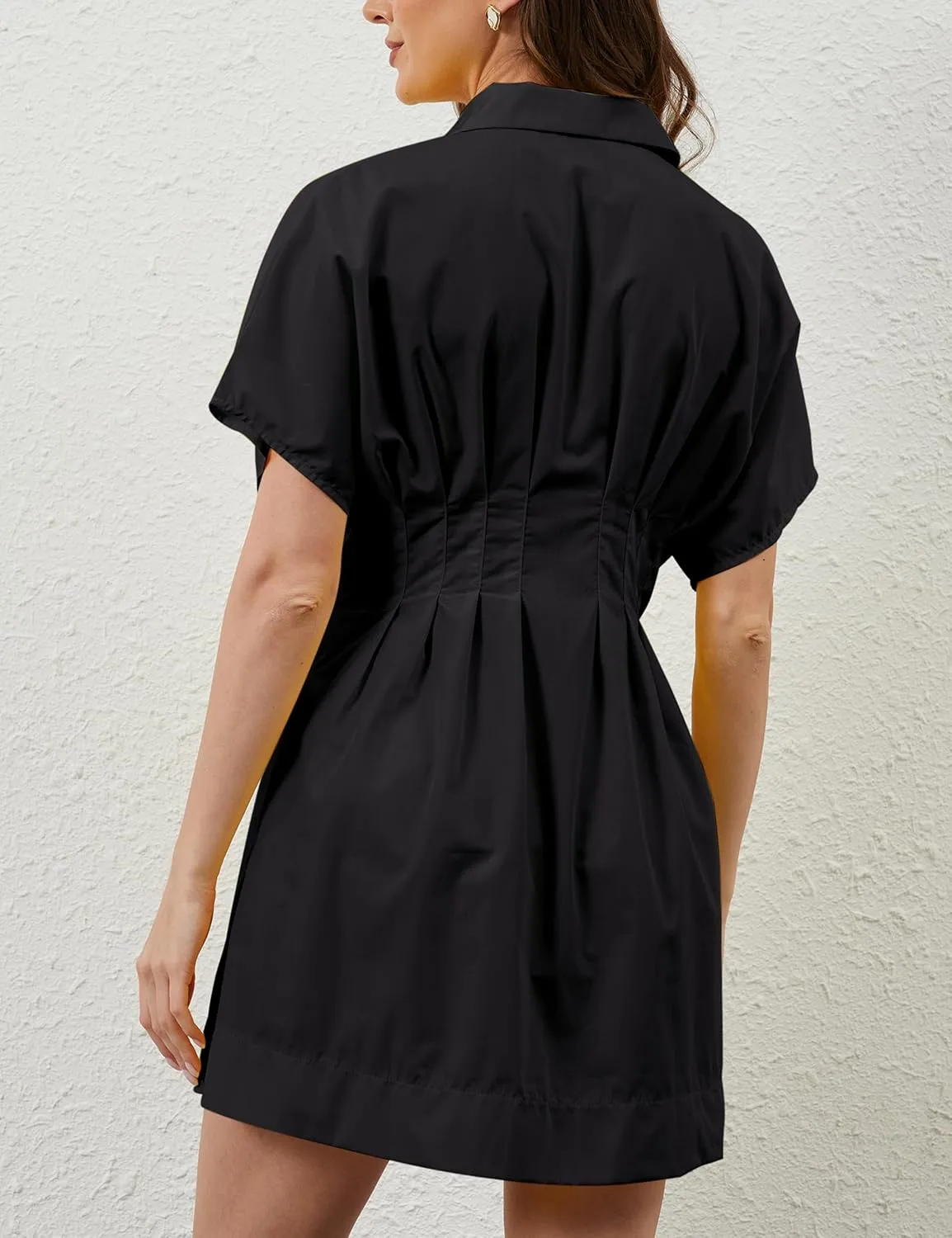 Women Button Down Pleated Shirt Dress Summer Short Sleeve Blouse Striped Print Corset Mini Dresses