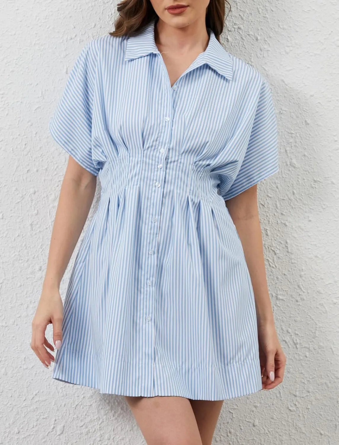 Women Button Down Pleated Shirt Dress Summer Short Sleeve Blouse Striped Print Corset Mini Dresses