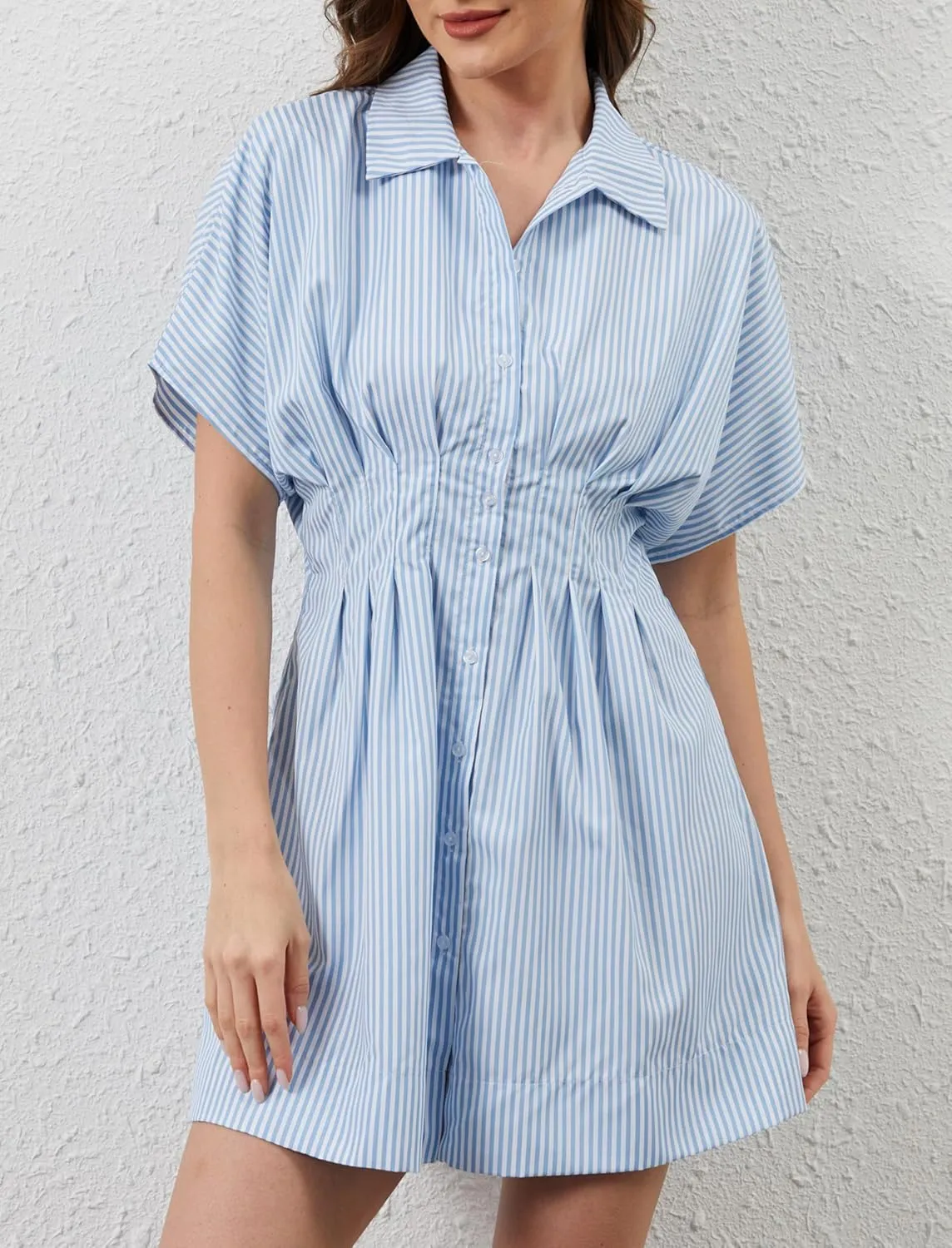 Women Button Down Pleated Shirt Dress Summer Short Sleeve Blouse Striped Print Corset Mini Dresses