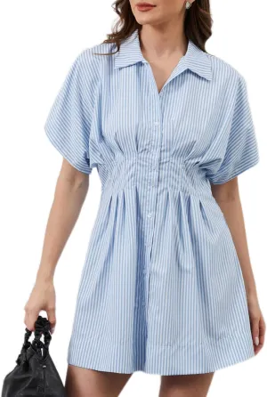 Women Button Down Pleated Shirt Dress Summer Short Sleeve Blouse Striped Print Corset Mini Dresses