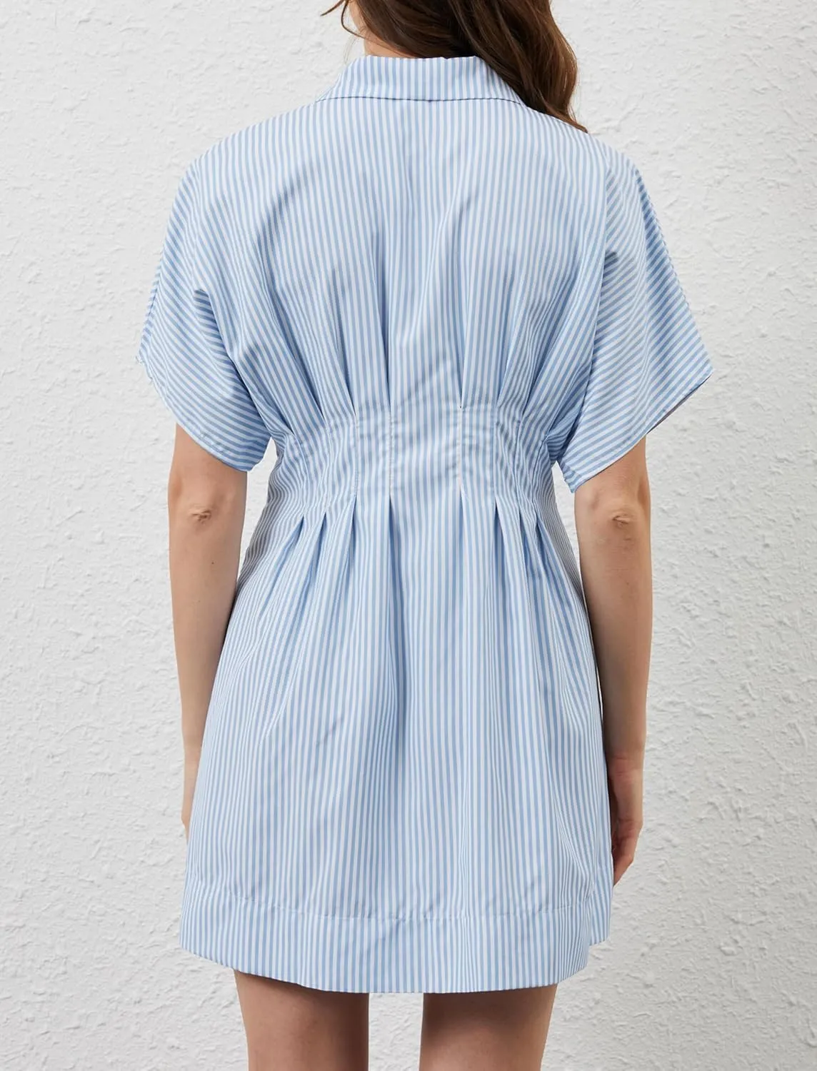 Women Button Down Pleated Shirt Dress Summer Short Sleeve Blouse Striped Print Corset Mini Dresses