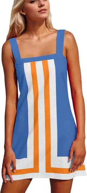 Women Multi-color Striped Mini Dress Color Block Summer Square Neck Sleeveless Backless Beach Cover Up Dress