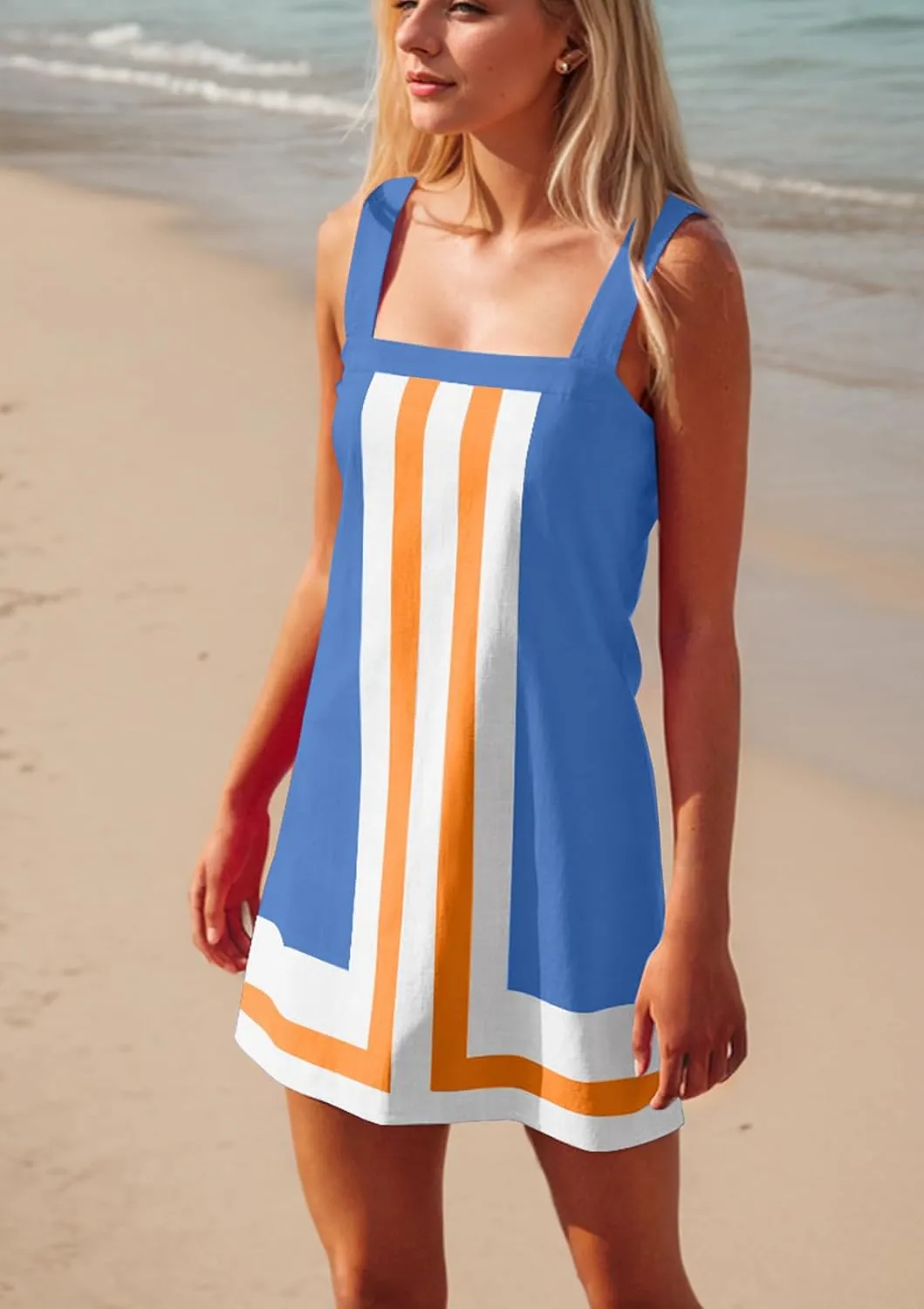 Women Multi-color Striped Mini Dress Color Block Summer Square Neck Sleeveless Backless Beach Cover Up Dress