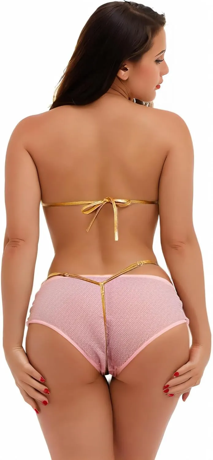 Women Strapless Bra Bandeau Bikini Set 2 Piece Sexy Metallic Bikini Swimsuit Lingerie