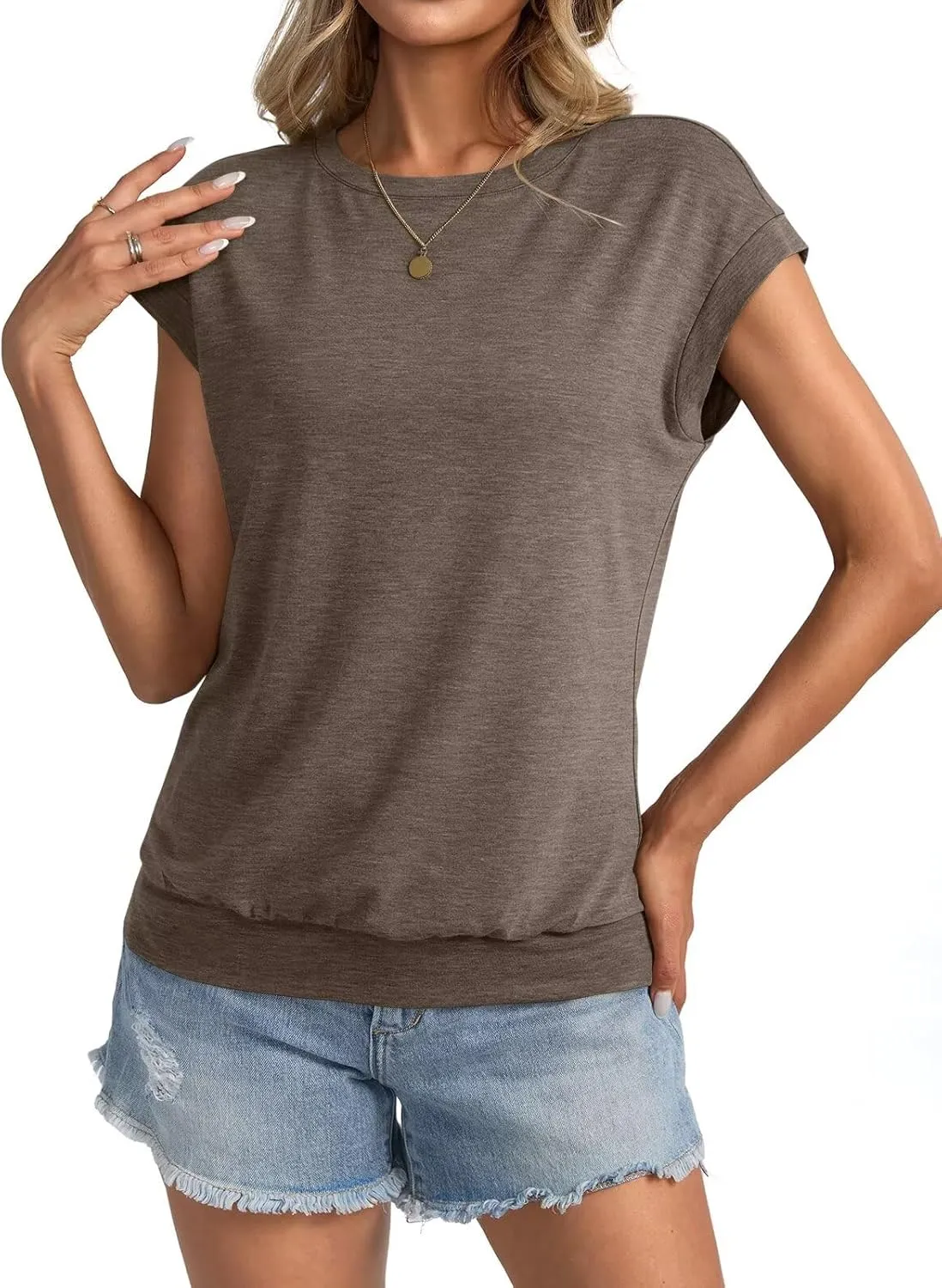 Womens Crewneck Cap Sleeve T Shirts Banded Bottom Top Loose Fit Short Sleeves Tee Casual Summer Basic Tops 2025