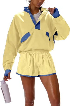 Women's Two Piece Short Sets Summer Lounge Sweatsuits Long Sleeve Outfits Travel Tracksuit with Pocket