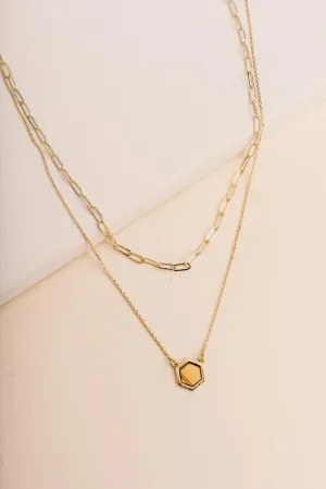 Wooden Hexagon Pendant Necklace in Tan
