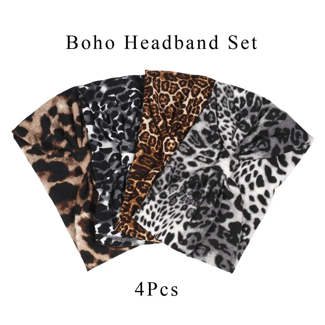 Yean Criss Cross Headbands Black Leopard Yoga Hair Bands Knot Wide Stretch Head Wraps for Women and Girls (Pack of 4)(Leopard)