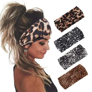 Yean Criss Cross Headbands Black Leopard Yoga Hair Bands Knot Wide Stretch Head Wraps for Women and Girls (Pack of 4)(Leopard)