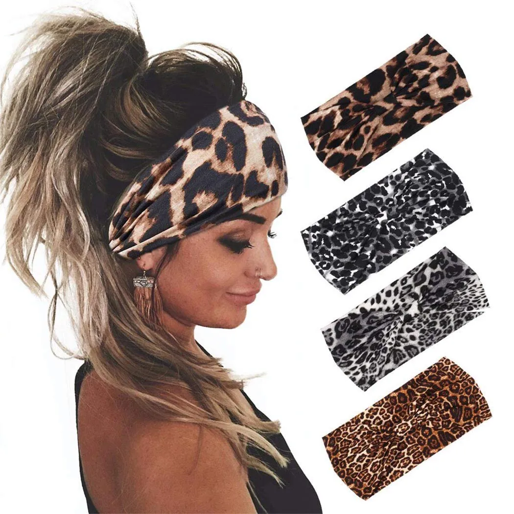 Yean Criss Cross Headbands Black Leopard Yoga Hair Bands Knot Wide Stretch Head Wraps for Women and Girls (Pack of 4)(Leopard)