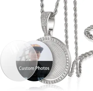 YIMERAIRE Personalized Picture Pendant Necklace Blank Picture Pendant Charm Iced Out Round Angel Wings Pendant with Rope Chain for Women and Men