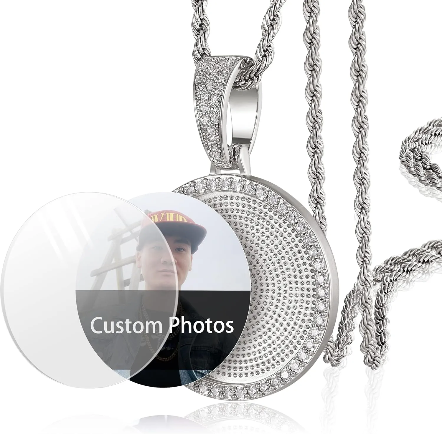 YIMERAIRE Personalized Picture Pendant Necklace Blank Picture Pendant Charm Iced Out Round Angel Wings Pendant with Rope Chain for Women and Men