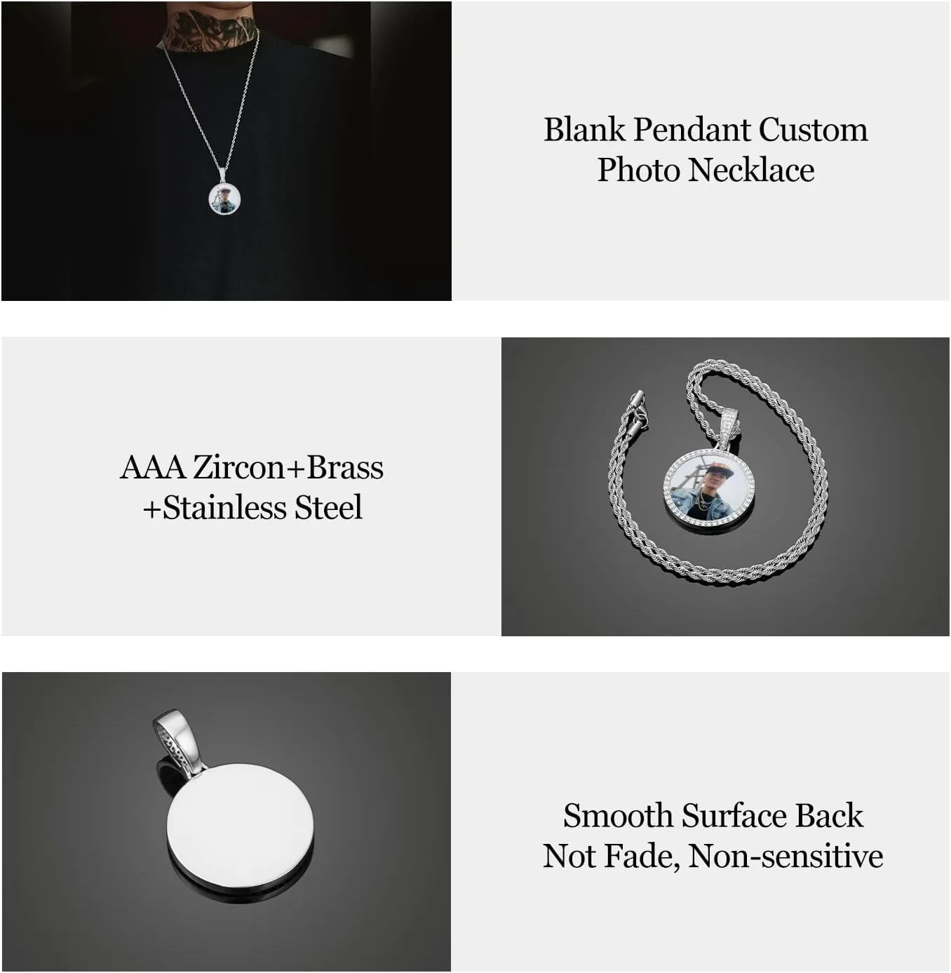 YIMERAIRE Personalized Picture Pendant Necklace Blank Picture Pendant Charm Iced Out Round Angel Wings Pendant with Rope Chain for Women and Men