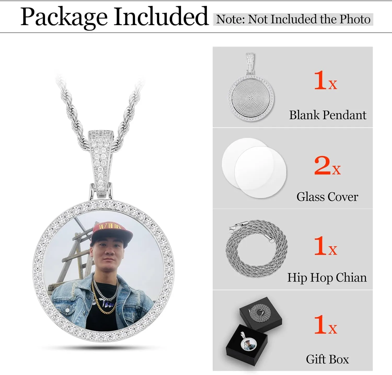 YIMERAIRE Personalized Picture Pendant Necklace Blank Picture Pendant Charm Iced Out Round Angel Wings Pendant with Rope Chain for Women and Men