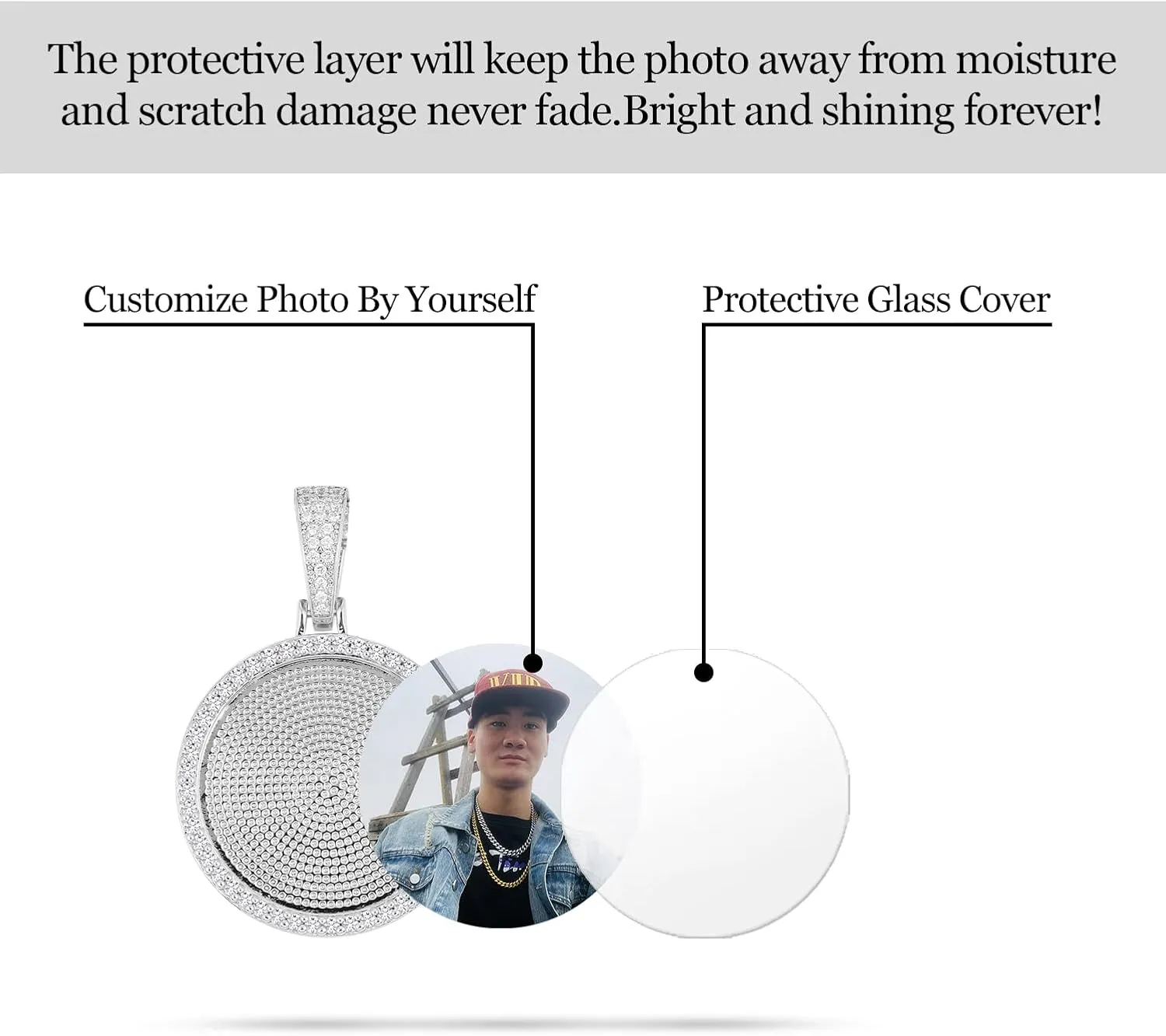 YIMERAIRE Personalized Picture Pendant Necklace Blank Picture Pendant Charm Iced Out Round Angel Wings Pendant with Rope Chain for Women and Men