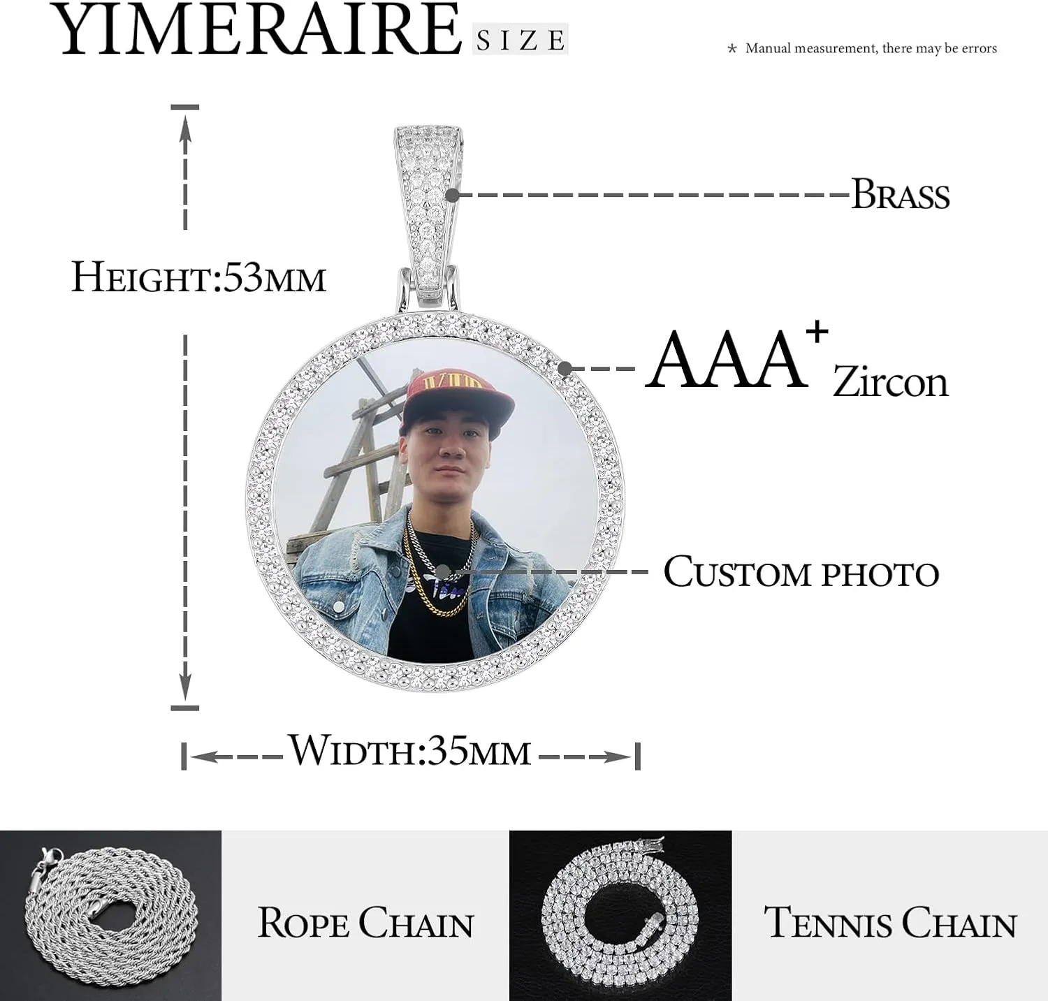YIMERAIRE Personalized Picture Pendant Necklace Blank Picture Pendant Charm Iced Out Round Angel Wings Pendant with Rope Chain for Women and Men