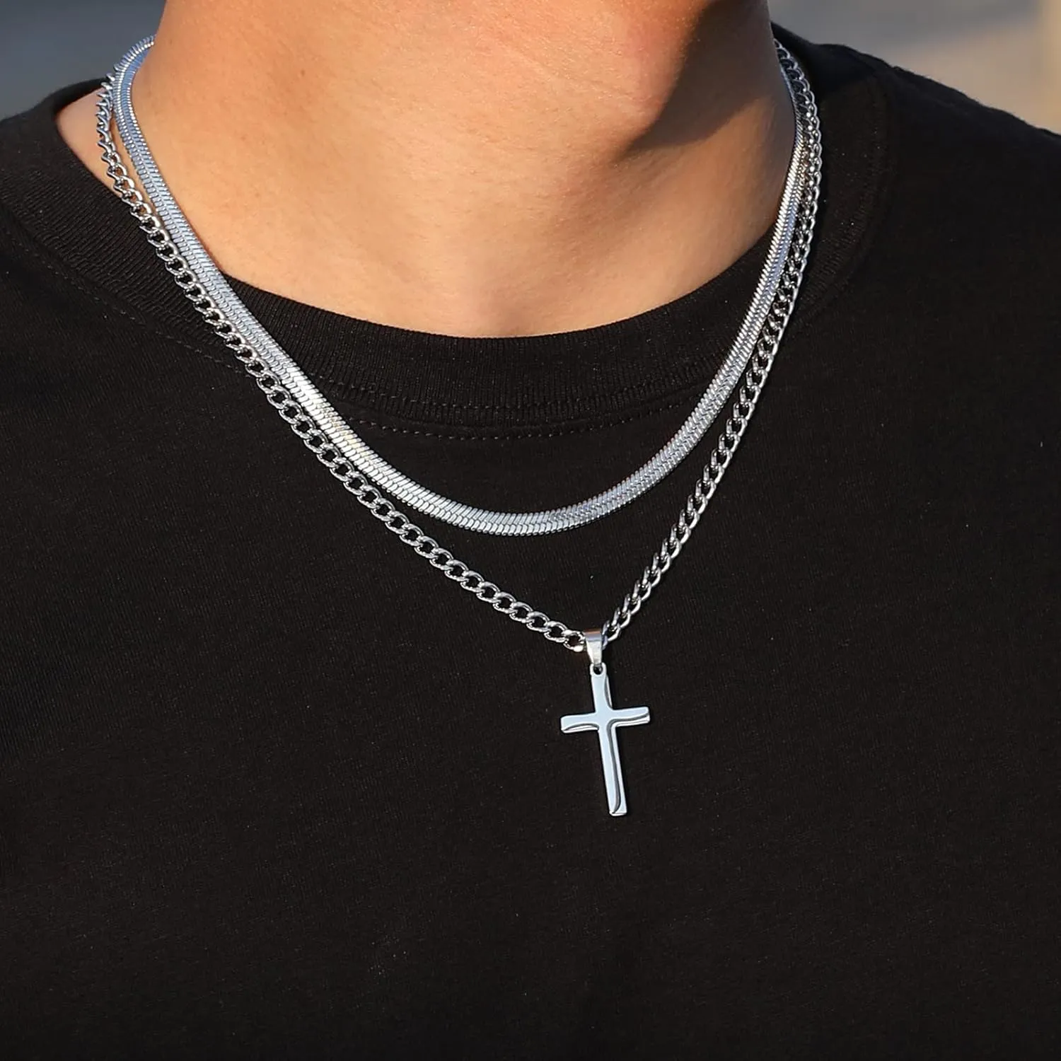 Zocomi Cross Necklace for Men Boys, Stainless Steel Layered Cuban Link Herringbone Chain Cross Pendant Christian Fashion Jewelry Gifts 16-24 Inches