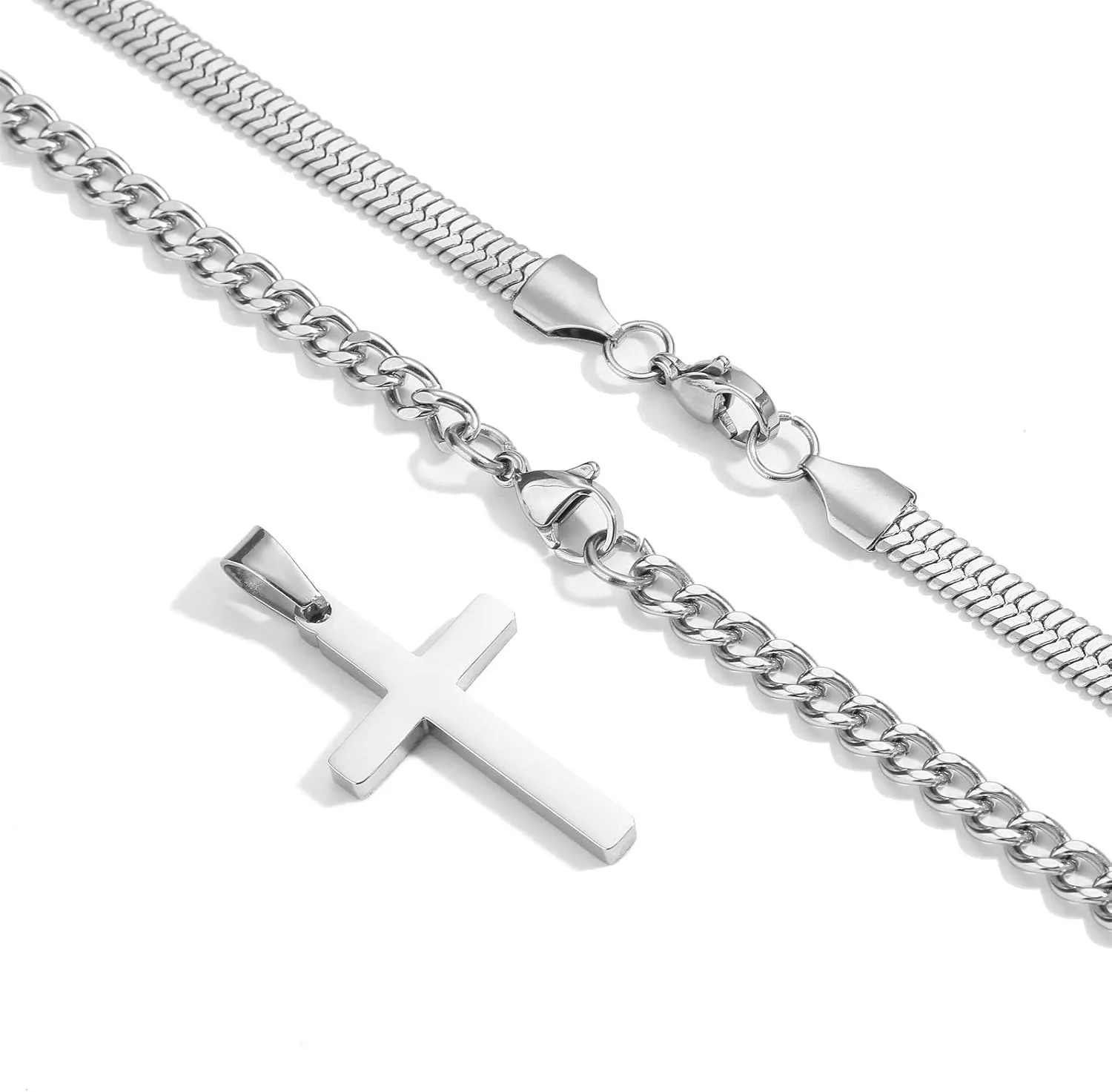 Zocomi Cross Necklace for Men Boys, Stainless Steel Layered Cuban Link Herringbone Chain Cross Pendant Christian Fashion Jewelry Gifts 16-24 Inches