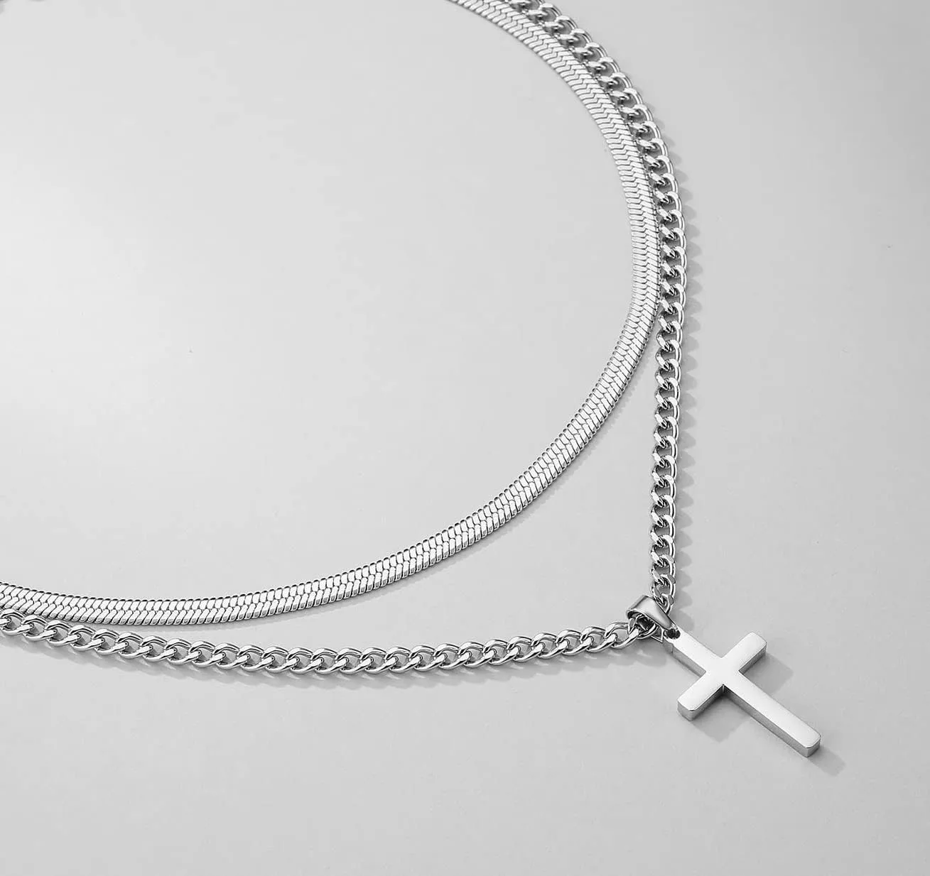 Zocomi Cross Necklace for Men Boys, Stainless Steel Layered Cuban Link Herringbone Chain Cross Pendant Christian Fashion Jewelry Gifts 16-24 Inches