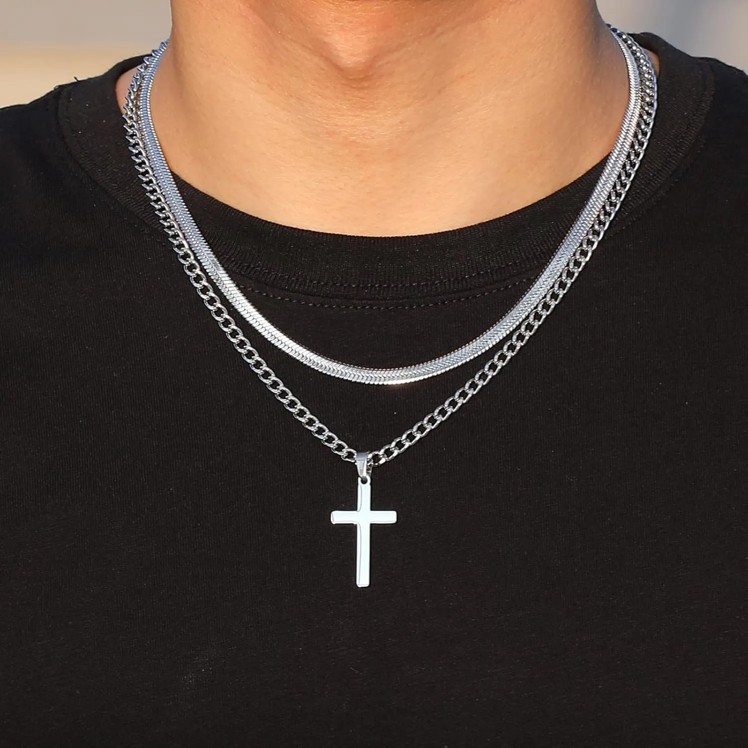 Zocomi Cross Necklace for Men Boys, Stainless Steel Layered Cuban Link Herringbone Chain Cross Pendant Christian Fashion Jewelry Gifts 16-24 Inches