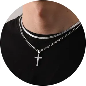 Zocomi Cross Necklace for Men Boys, Stainless Steel Layered Cuban Link Herringbone Chain Cross Pendant Christian Fashion Jewelry Gifts 16-24 Inches